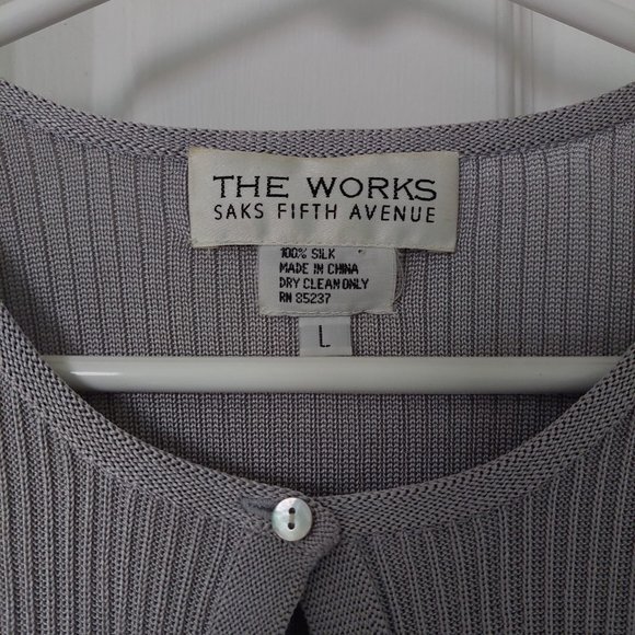 The Works Saks Fifth Avenue 100% Silk Cardigan Sweater, Silver Gray, Size L - Picture 3 of 6
